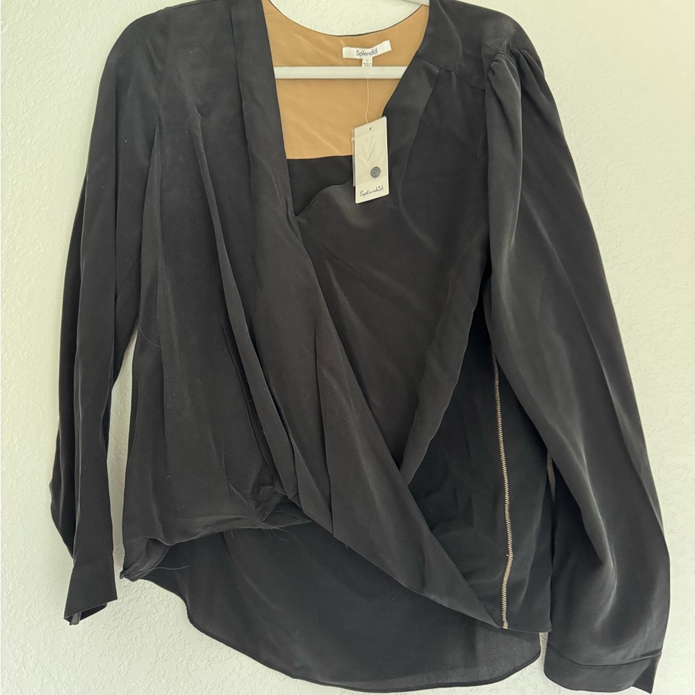 Splendid Black Silk Long Sleeve Top